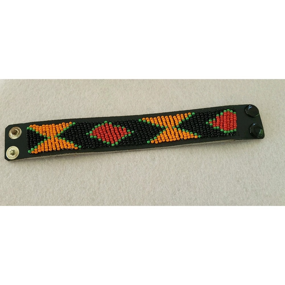 African Beaded Leather Cuff Bracelet Black Orange Red Green Geometric 8" 28g